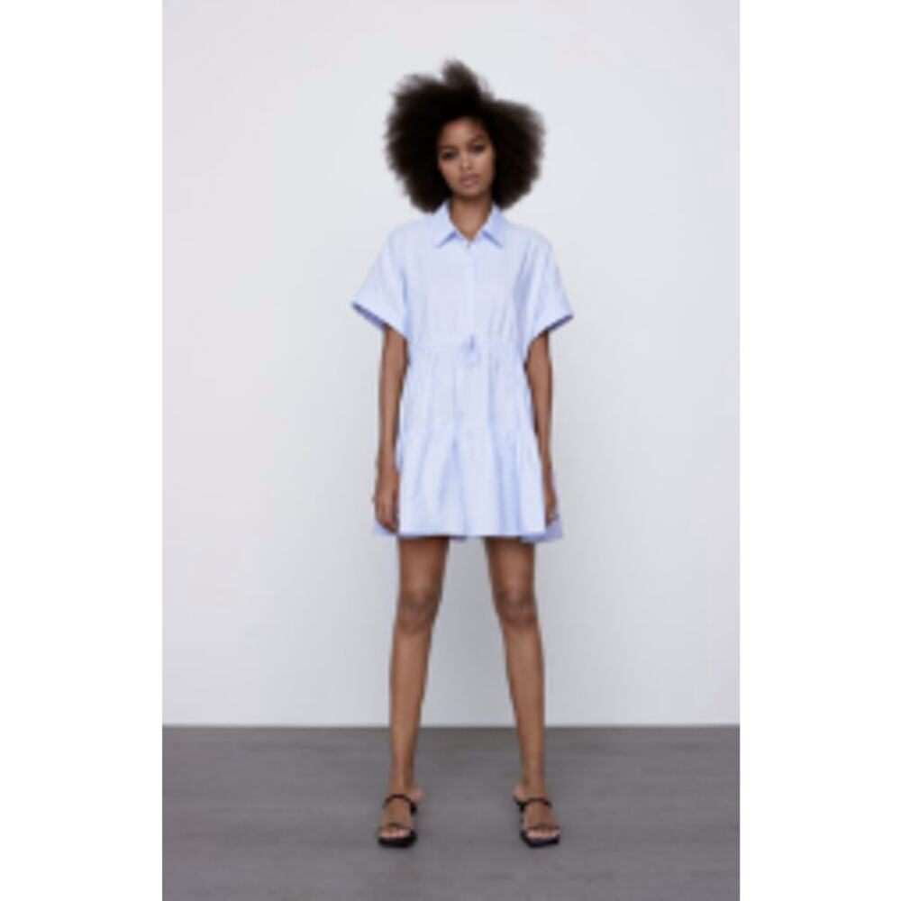 Zara Womans Dress Tiered Oxford Collared Mini Size Medium Baby Blue summer